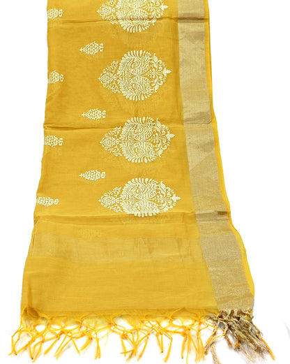 Indian Vintage Mustard Dupatta Long Stole Chanderi Woven Scarves Veil Scarf Wrap Hippie Boho Soft Floral Fringes