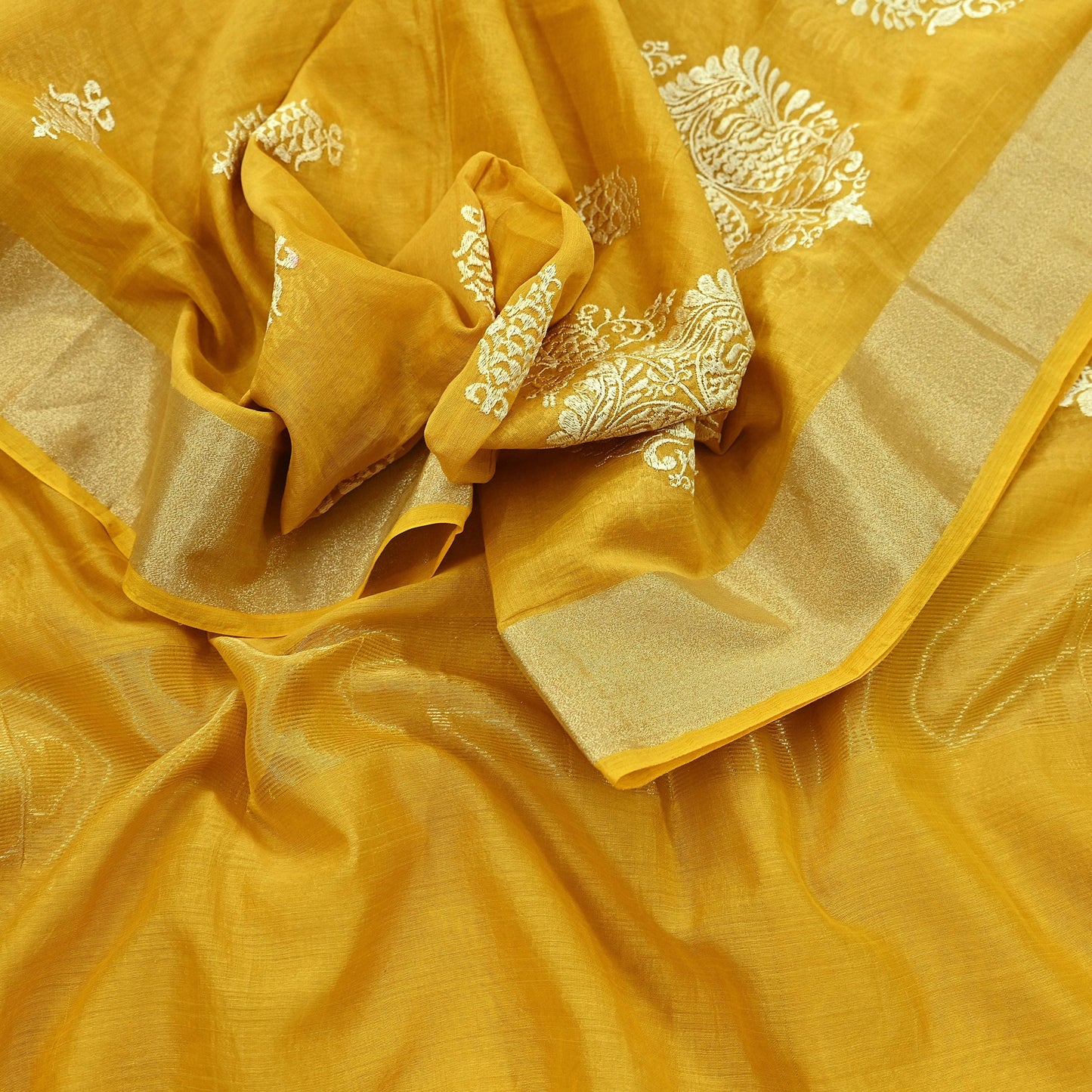 Indian Vintage Mustard Dupatta Long Stole Chanderi Woven Scarves Veil Scarf Wrap Hippie Boho Soft Floral Fringes