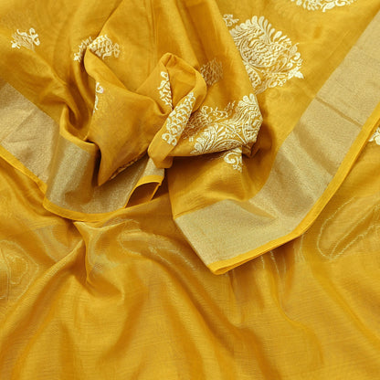 Indian Vintage Mustard Dupatta Long Stole Chanderi Woven Scarves Veil Scarf Wrap Hippie Boho Soft Floral Fringes