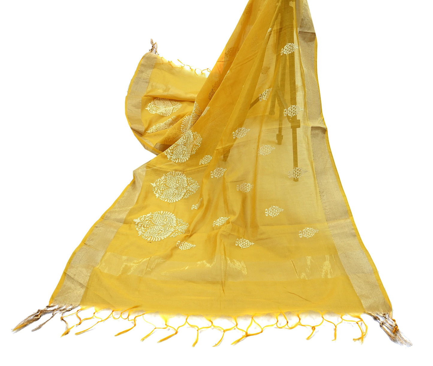 Indian Vintage Mustard Dupatta Long Stole Chanderi Woven Scarves Veil Scarf Wrap Hippie Boho Soft Floral Fringes
