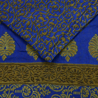 Indian Vintage Blue Sarees Printed Pure Cotton Sari Craft Fabric 5Yd Soft Sewing Sarong Wrap Boho Floral Dress Making Quilting
