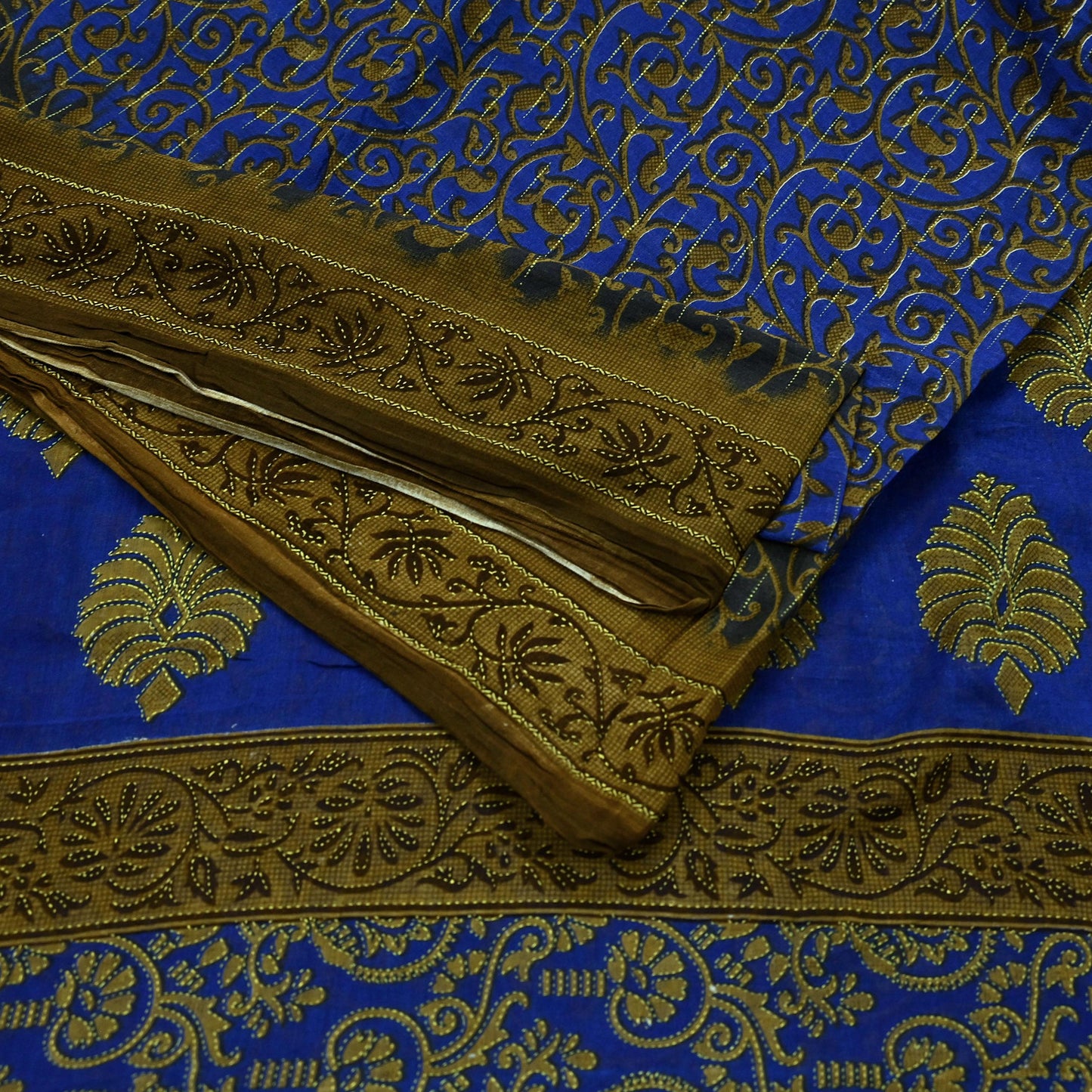 Indian Vintage Blue Sarees Printed Pure Cotton Sari Craft Fabric 5Yd Soft Sewing Sarong Wrap Boho Floral Dress Making Quilting