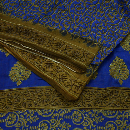 Indian Vintage Blue Sarees Printed Pure Cotton Sari Craft Fabric 5Yd Soft Sewing Sarong Wrap Boho Floral Dress Making Quilting
