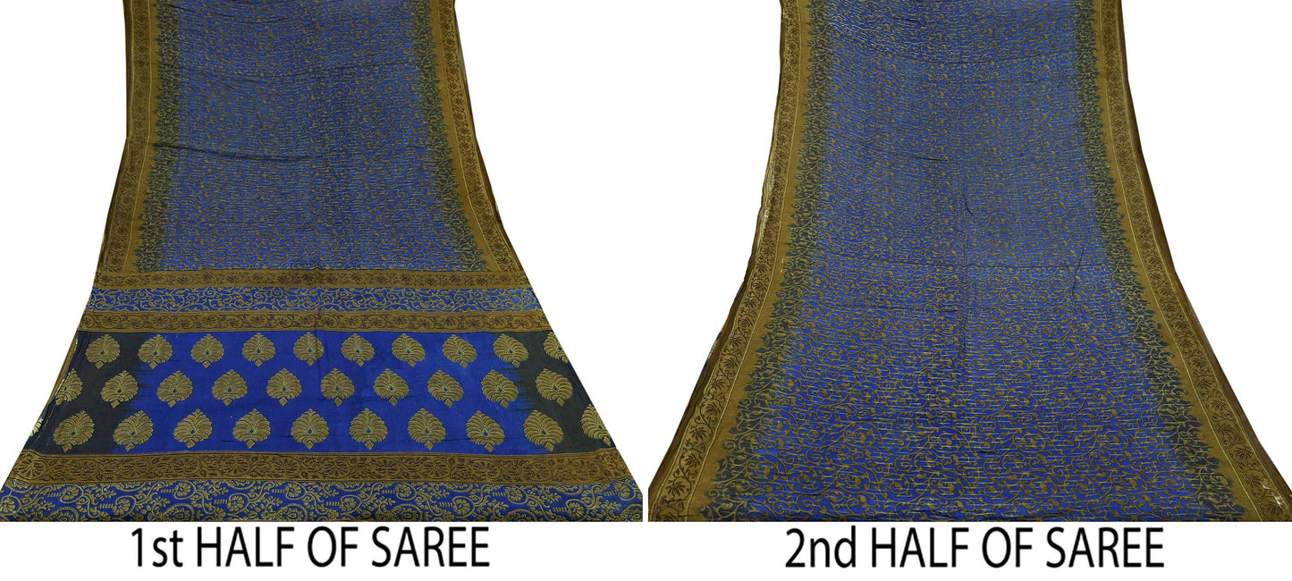Indian Vintage Blue Sarees Printed Pure Cotton Sari Craft Fabric 5Yd Soft Sewing Sarong Wrap Boho Floral Dress Making Quilting