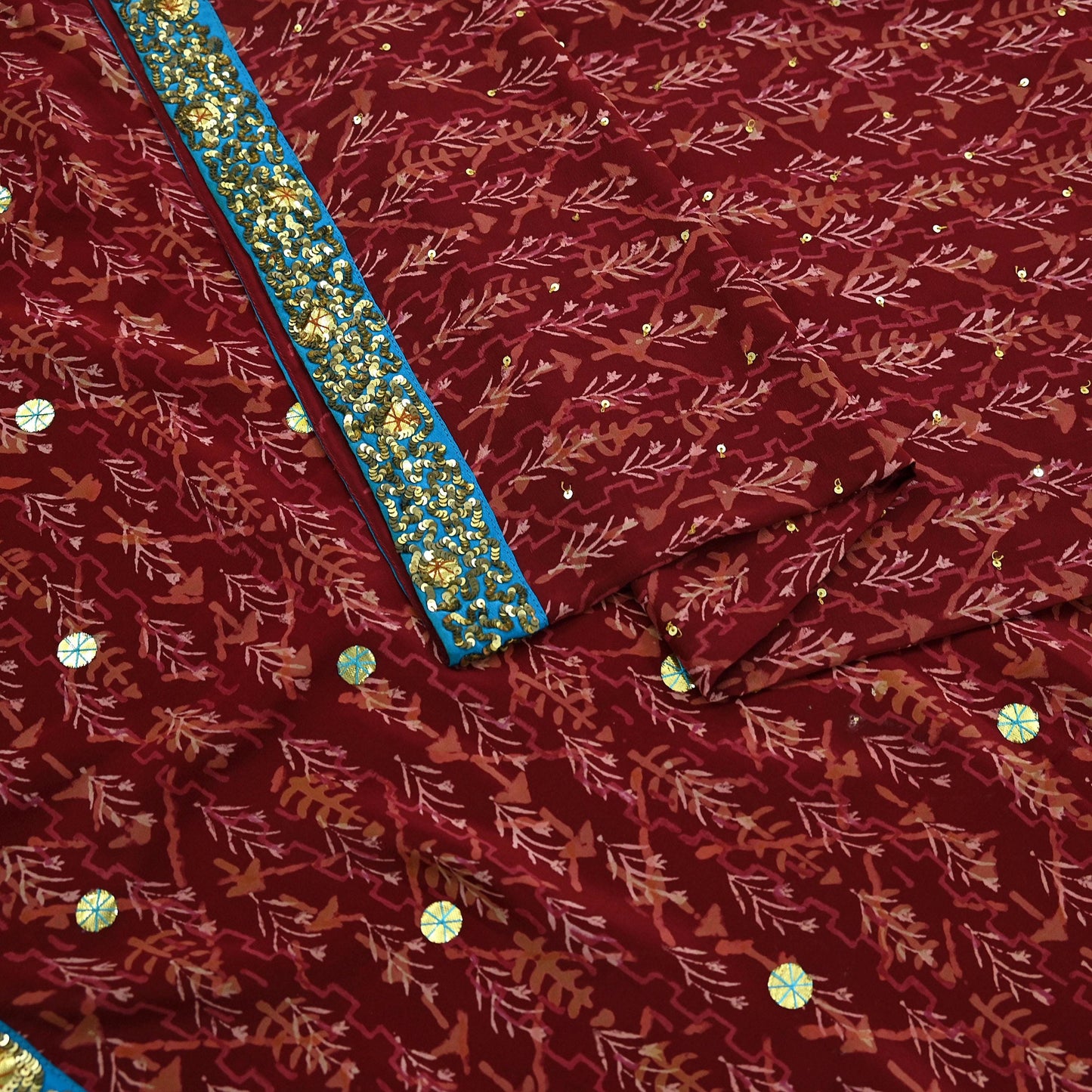 Indian Vintage Sari Maroon Pure Crepe Silk Hand Embroidered Saree 5yd Sewing Floral Craft Sequins Dress making Crafting Quilting