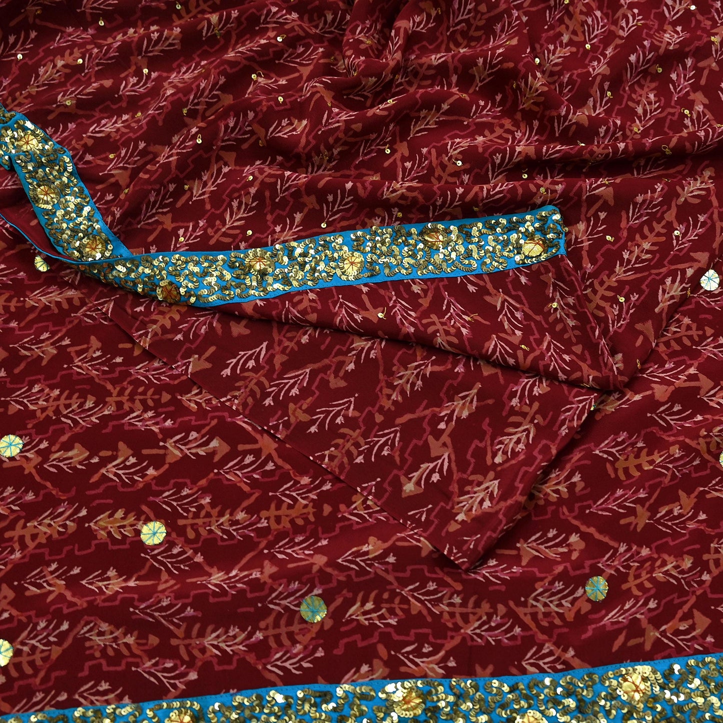 Indian Vintage Sari Maroon Pure Crepe Silk Hand Embroidered Saree 5yd Sewing Floral Craft Sequins Dress making Crafting Quilting