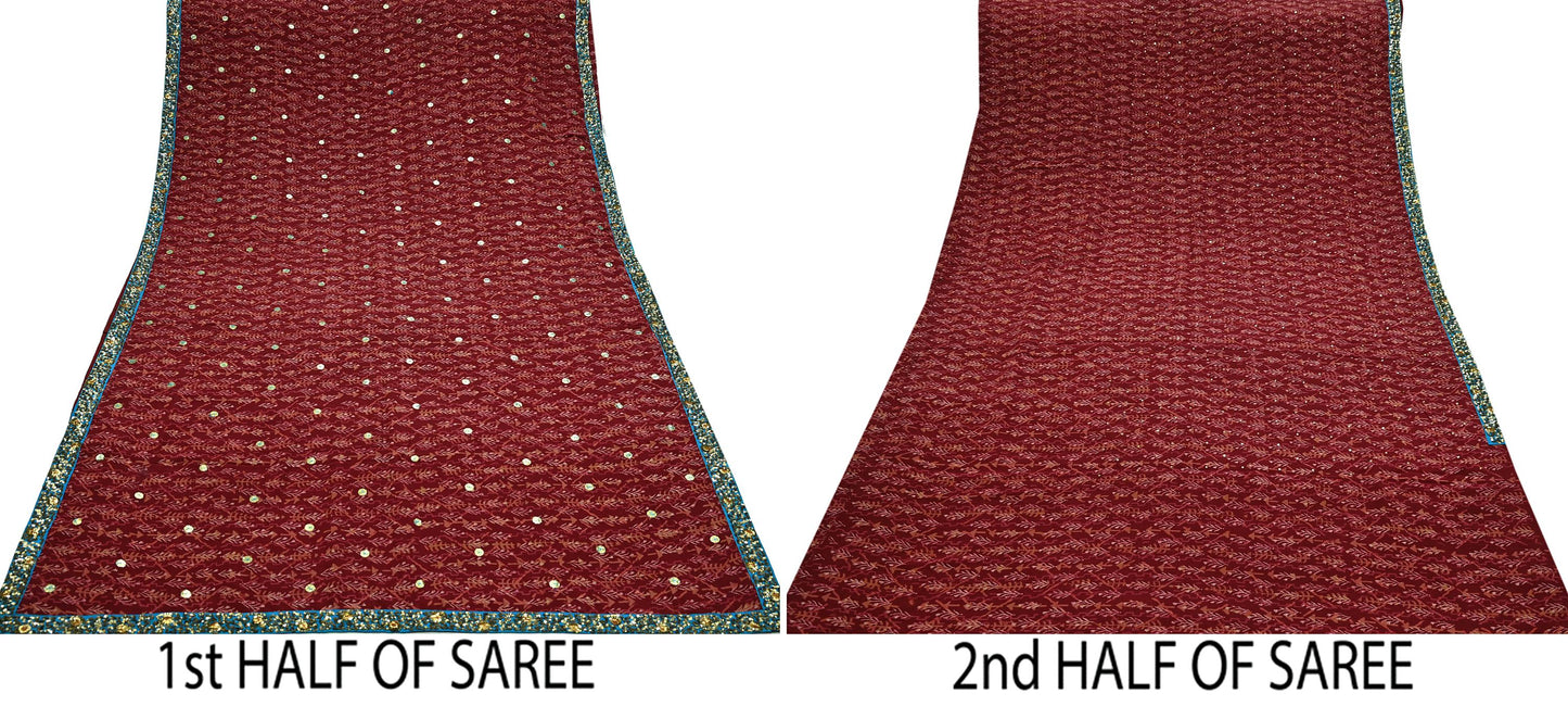 Indian Vintage Sari Maroon Pure Crepe Silk Hand Embroidered Saree 5yd Sewing Floral Craft Sequins Dress making Crafting Quilting