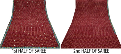 Indian Vintage Sari Maroon Pure Crepe Silk Hand Embroidered Saree 5yd Sewing Floral Craft Sequins Dress making Crafting Quilting