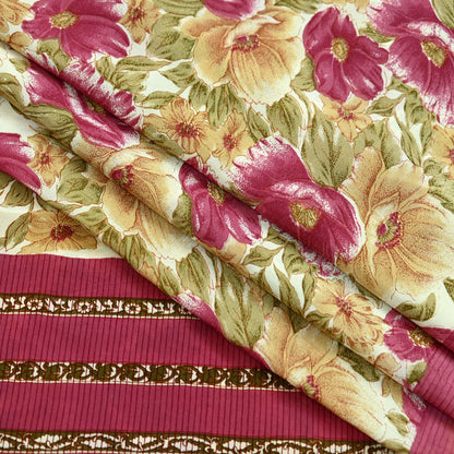 Indian Vintage Sari Beige & Pink Pure Crepe Silk Printed Saree 5yd Sewing Floral Soft Craft Fabric Wrap Dress making For Crafting Quilting