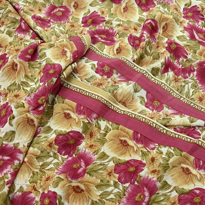 Indian Vintage Sari Beige & Pink Pure Crepe Silk Printed Saree 5yd Sewing Floral Soft Craft Fabric Wrap Dress making For Crafting Quilting