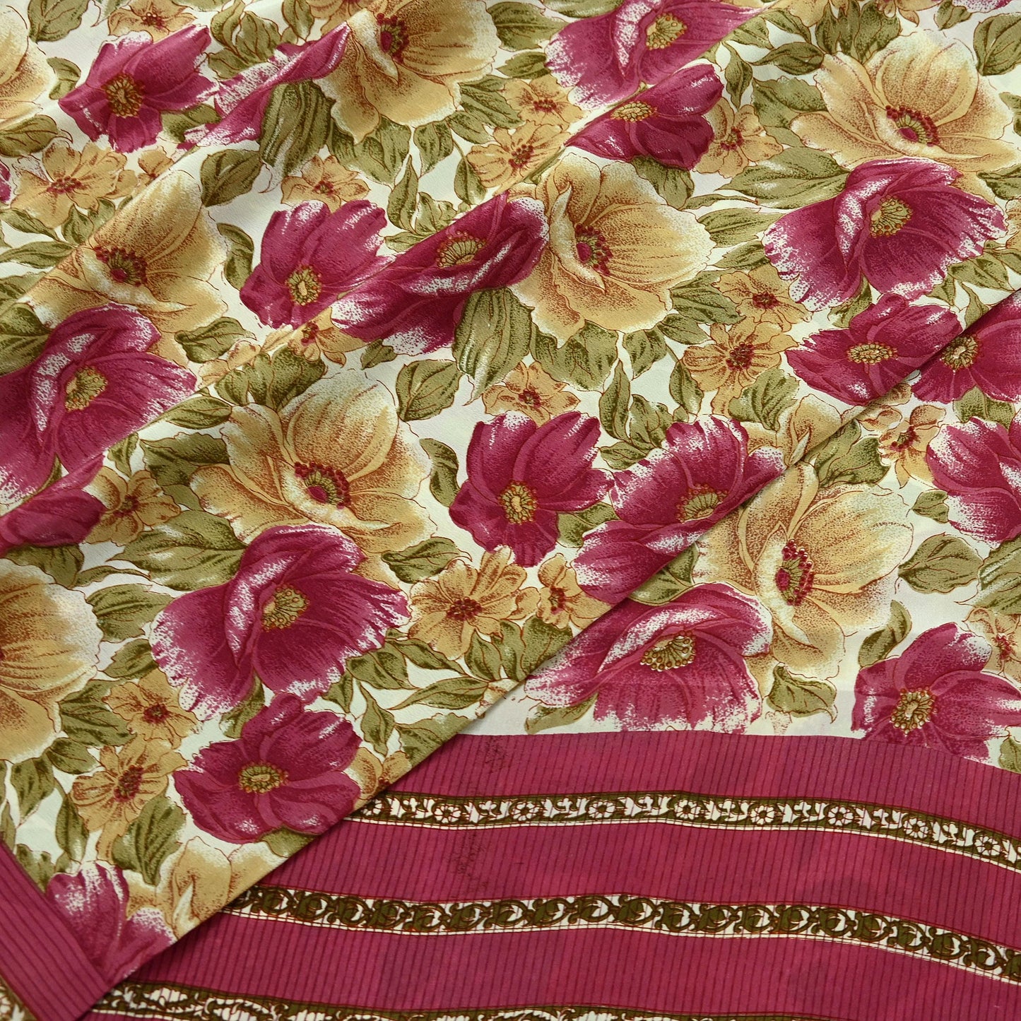 Indian Vintage Sari Beige & Pink Pure Crepe Silk Printed Saree 5yd Sewing Floral Soft Craft Fabric Wrap Dress making For Crafting Quilting