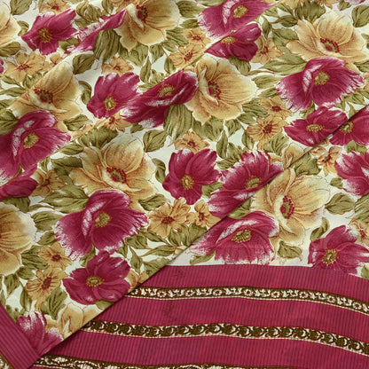 Indian Vintage Sari Beige & Pink Pure Crepe Silk Printed Saree 5yd Sewing Floral Soft Craft Fabric Wrap Dress making For Crafting Quilting
