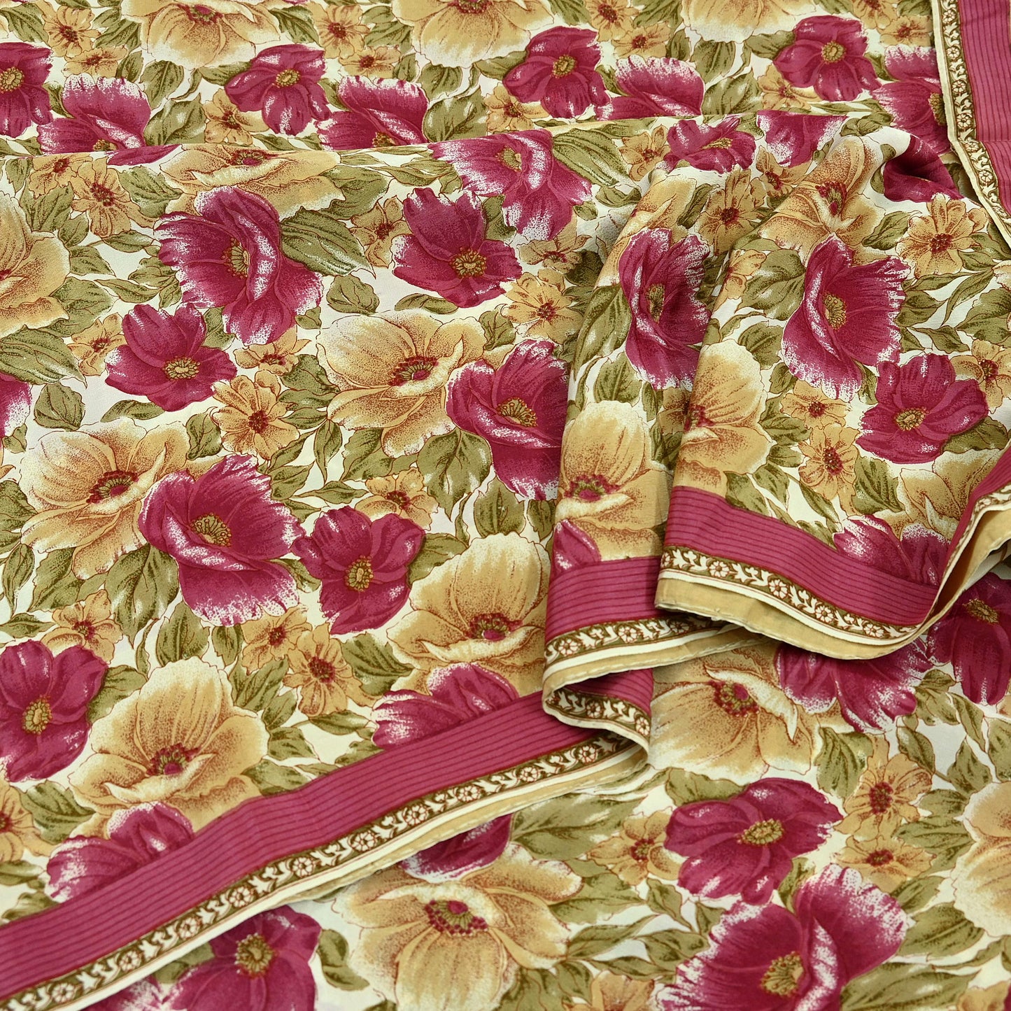 Indian Vintage Sari Beige & Pink Pure Crepe Silk Printed Saree 5yd Sewing Floral Soft Craft Fabric Wrap Dress making For Crafting Quilting