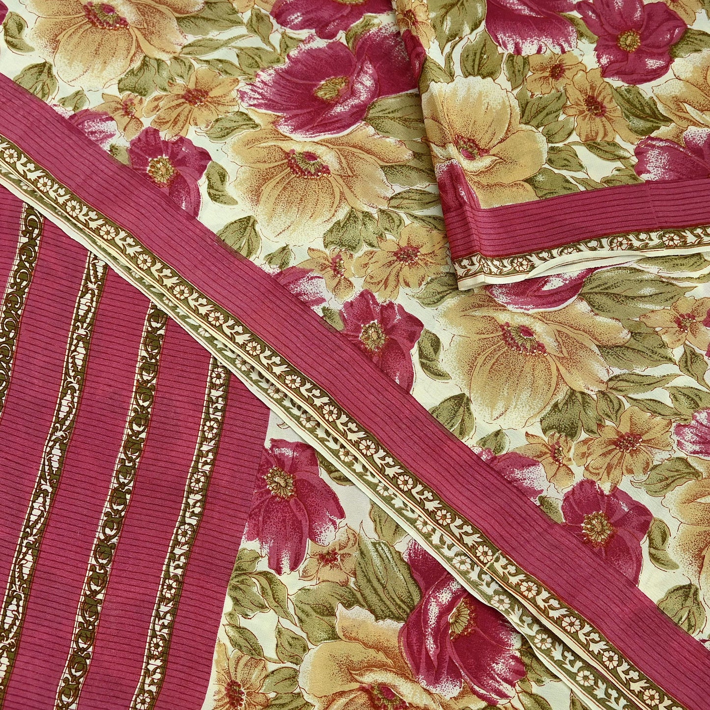 Indian Vintage Sari Beige & Pink Pure Crepe Silk Printed Saree 5yd Sewing Floral Soft Craft Fabric Wrap Dress making For Crafting Quilting