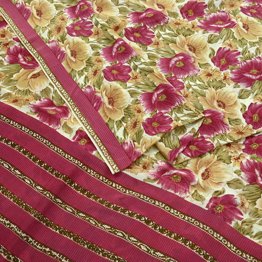 Indian Vintage Sari Beige & Pink Pure Crepe Silk Printed Saree 5yd Sewing Floral Soft Craft Fabric Wrap Dress making For Crafting Quilting