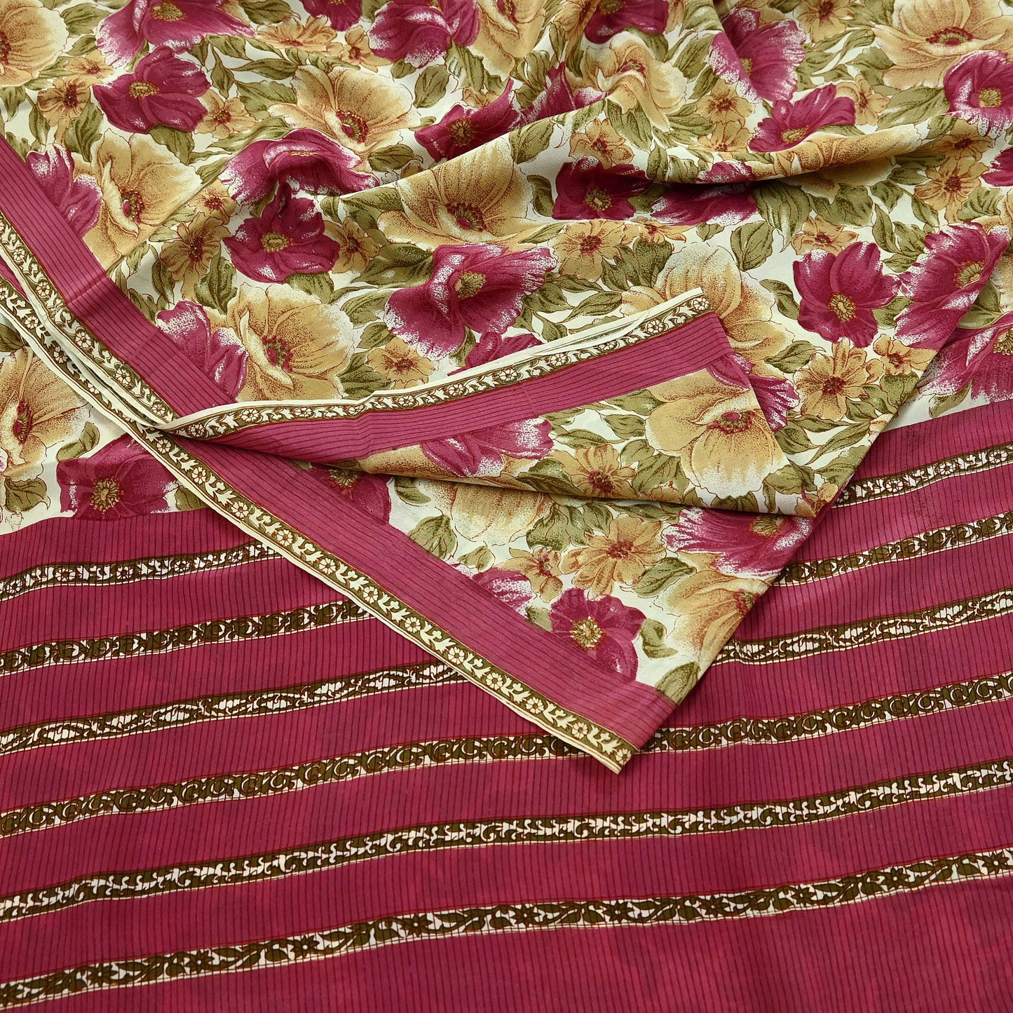 Indian Vintage Sari Beige & Pink Pure Crepe Silk Printed Saree 5yd Sewing Floral Soft Craft Fabric Wrap Dress making For Crafting Quilting