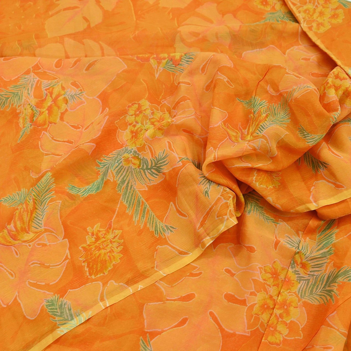 Indian Vintage Sari Orange Pure Chiffon Silk Printed Sarees 5Yd Craft Fabric Sewing Soft Light Sari Dress Making Quilting For Crating