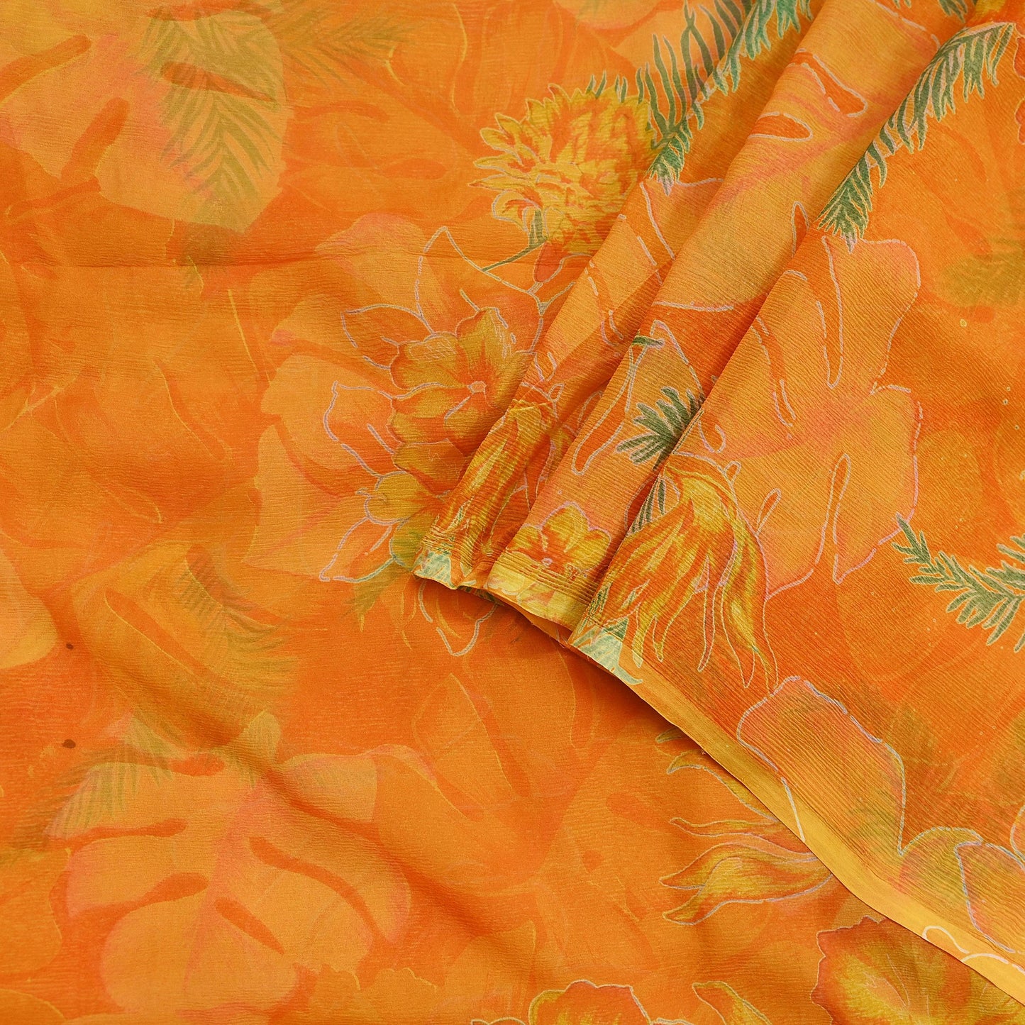 Indian Vintage Sari Orange Pure Chiffon Silk Printed Sarees 5Yd Craft Fabric Sewing Soft Light Sari Dress Making Quilting For Crating