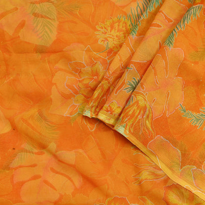 Indian Vintage Sari Orange Pure Chiffon Silk Printed Sarees 5Yd Craft Fabric Sewing Soft Light Sari Dress Making Quilting For Crating