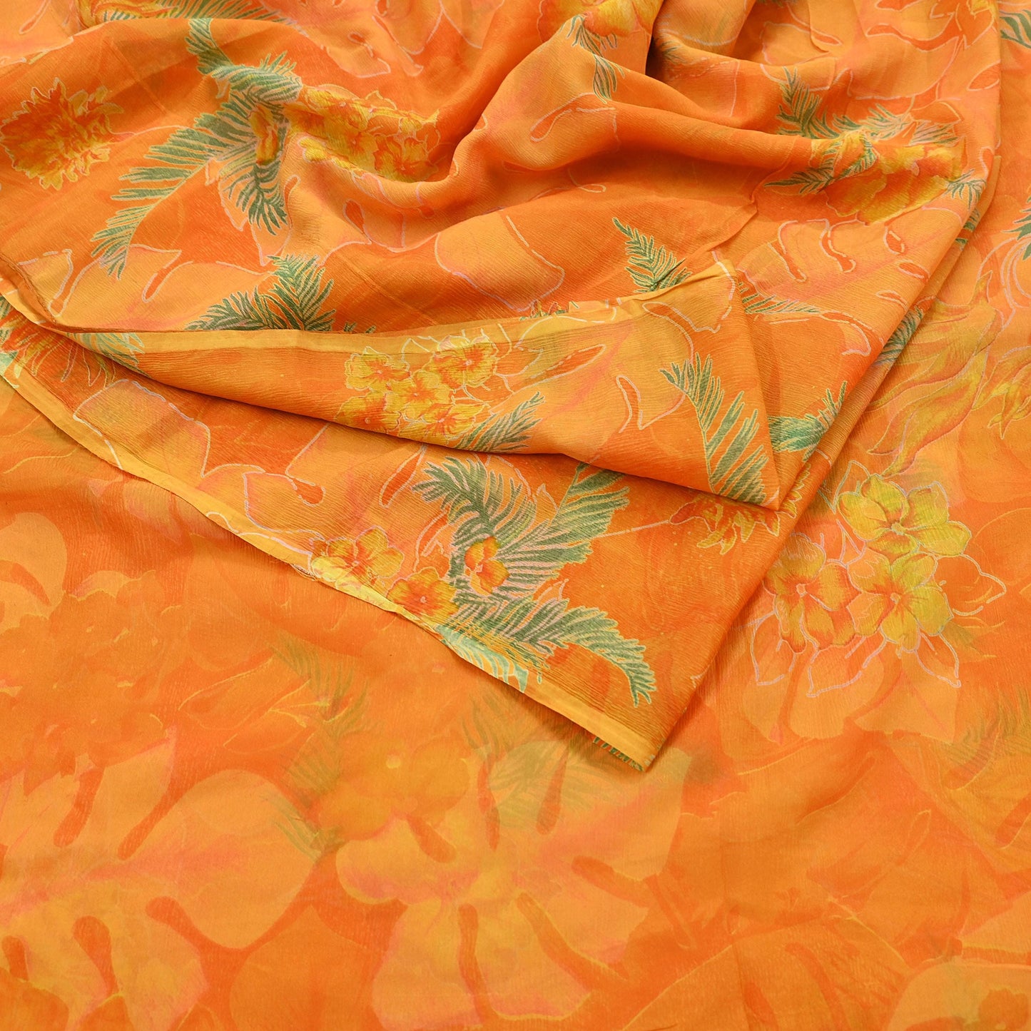 Indian Vintage Sari Orange Pure Chiffon Silk Printed Sarees 5Yd Craft Fabric Sewing Soft Light Sari Dress Making Quilting For Crating