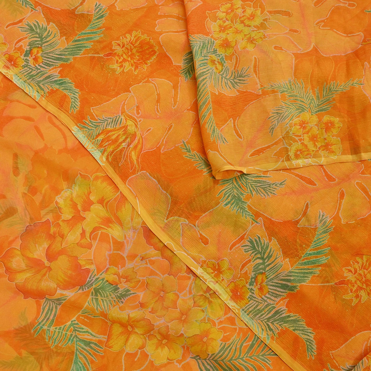 Indian Vintage Sari Orange Pure Chiffon Silk Printed Sarees 5Yd Craft Fabric Sewing Soft Light Sari Dress Making Quilting For Crating