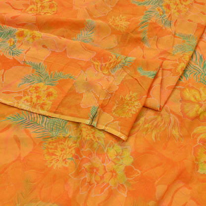 Indian Vintage Sari Orange Pure Chiffon Silk Printed Sarees 5Yd Craft Fabric Sewing Soft Light Sari Dress Making Quilting For Crating