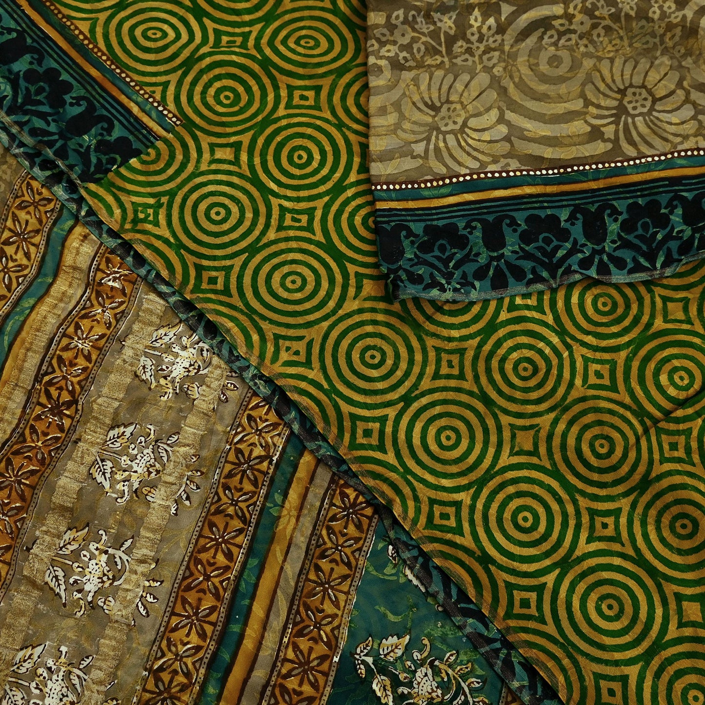 Indian Vintage Sari Green Pure Georgette Silk Block Printed Sarees Craft Fabric Sewing 5Yd Soft Zari Dress Making Crafting Quilting Upcycle