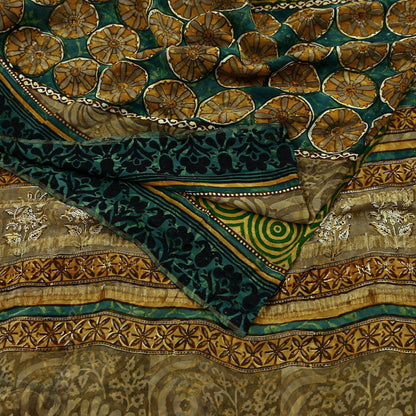Indian Vintage Sari Green Pure Georgette Silk Block Printed Sarees Craft Fabric Sewing 5Yd Soft Zari Dress Making Crafting Quilting Upcycle