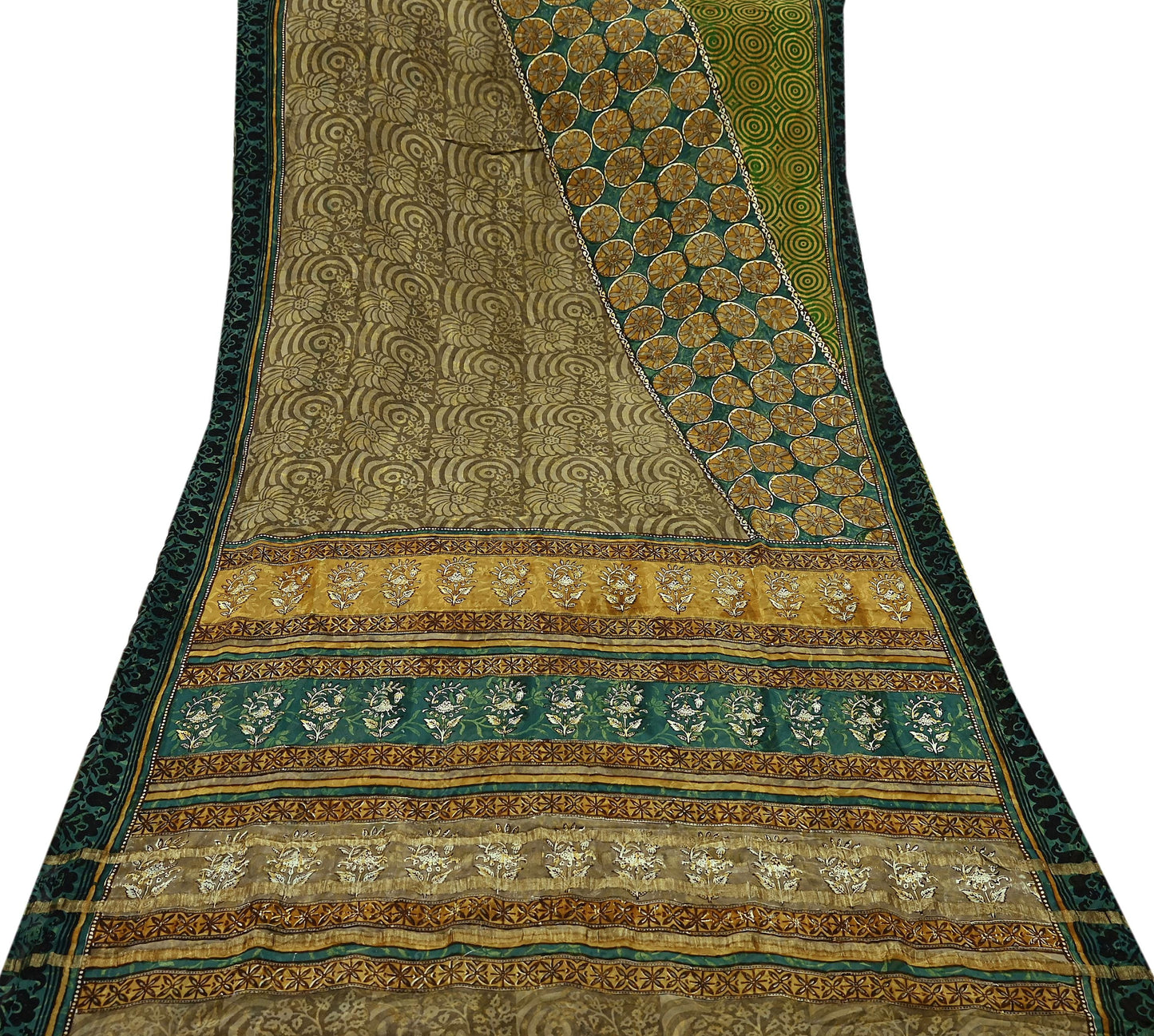 Indian Vintage Sari Green Pure Georgette Silk Block Printed Sarees Craft Fabric Sewing 5Yd Soft Zari Dress Making Crafting Quilting Upcycle
