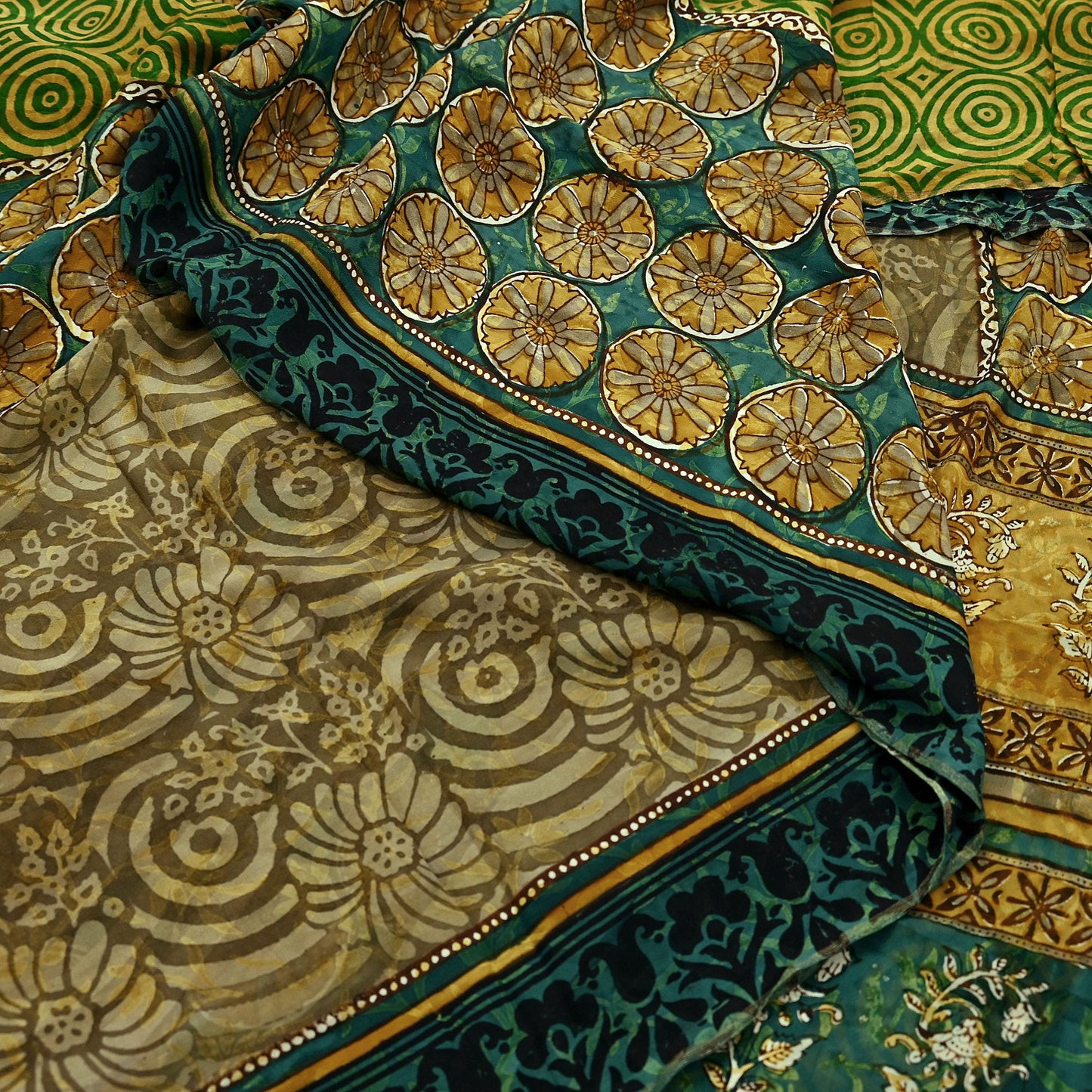 Indian Vintage Sari Green Pure Georgette Silk Block Printed Sarees Craft Fabric Sewing 5Yd Soft Zari Dress Making Crafting Quilting Upcycle