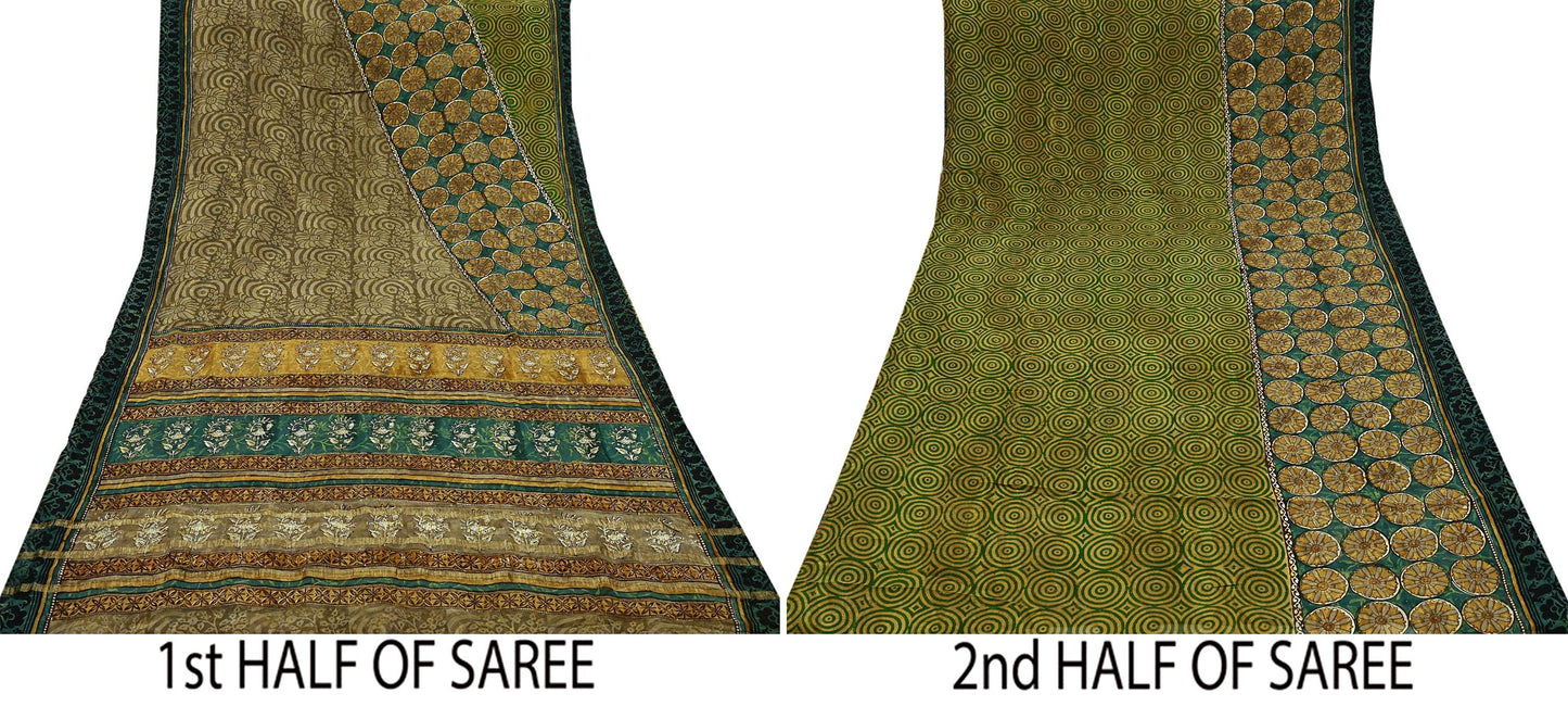 Indian Vintage Sari Green Pure Georgette Silk Block Printed Sarees Craft Fabric Sewing 5Yd Soft Zari Dress Making Crafting Quilting Upcycle