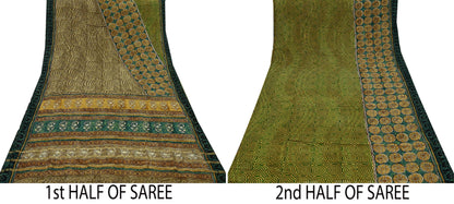 Indian Vintage Sari Green Pure Georgette Silk Block Printed Sarees Craft Fabric Sewing 5Yd Soft Zari Dress Making Crafting Quilting Upcycle