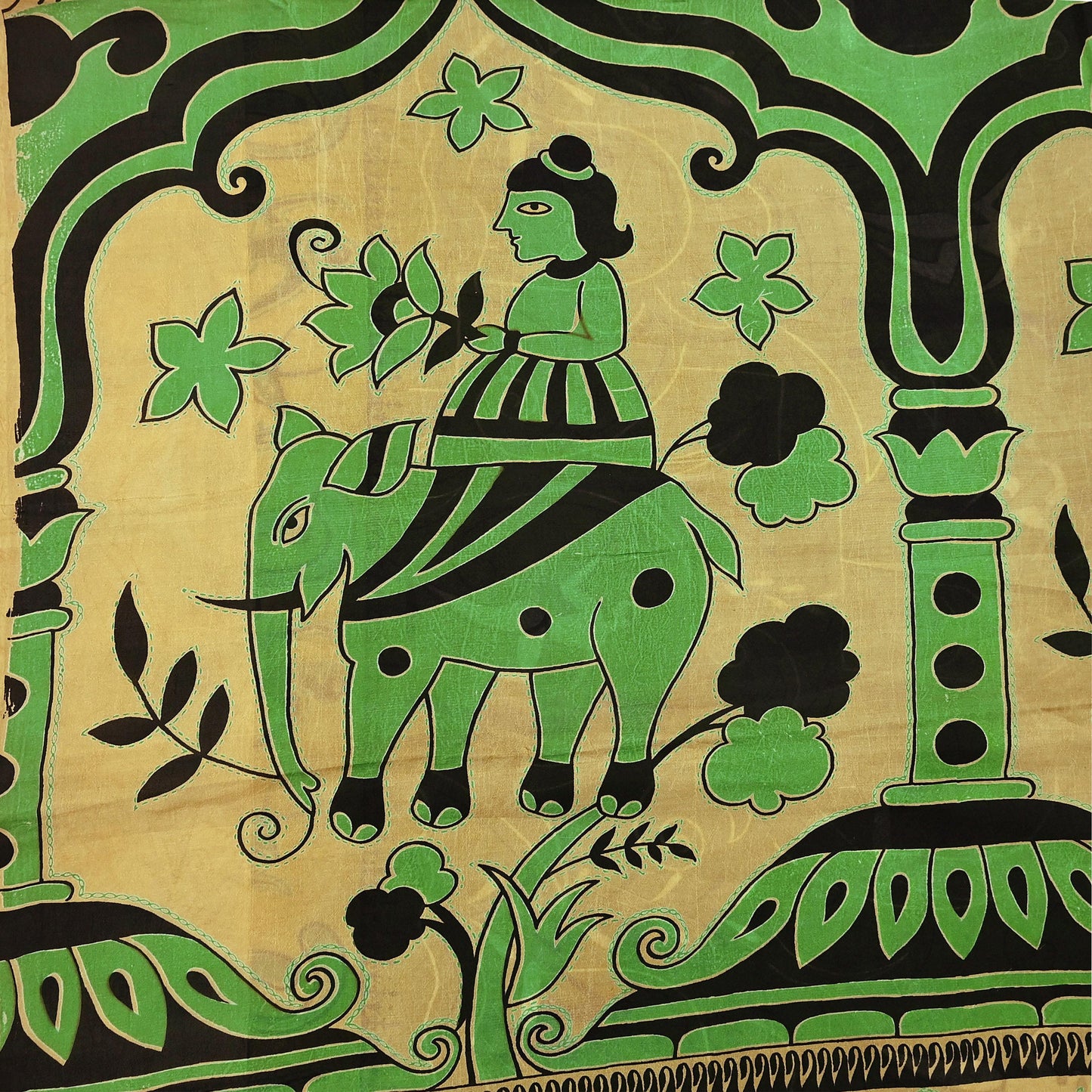 Indian Vintage Sari Beige & green Pure Silk Warli Printed Saree Craft Fabric 5Yd Dress making Sewing Dress making For Crafting Quilting