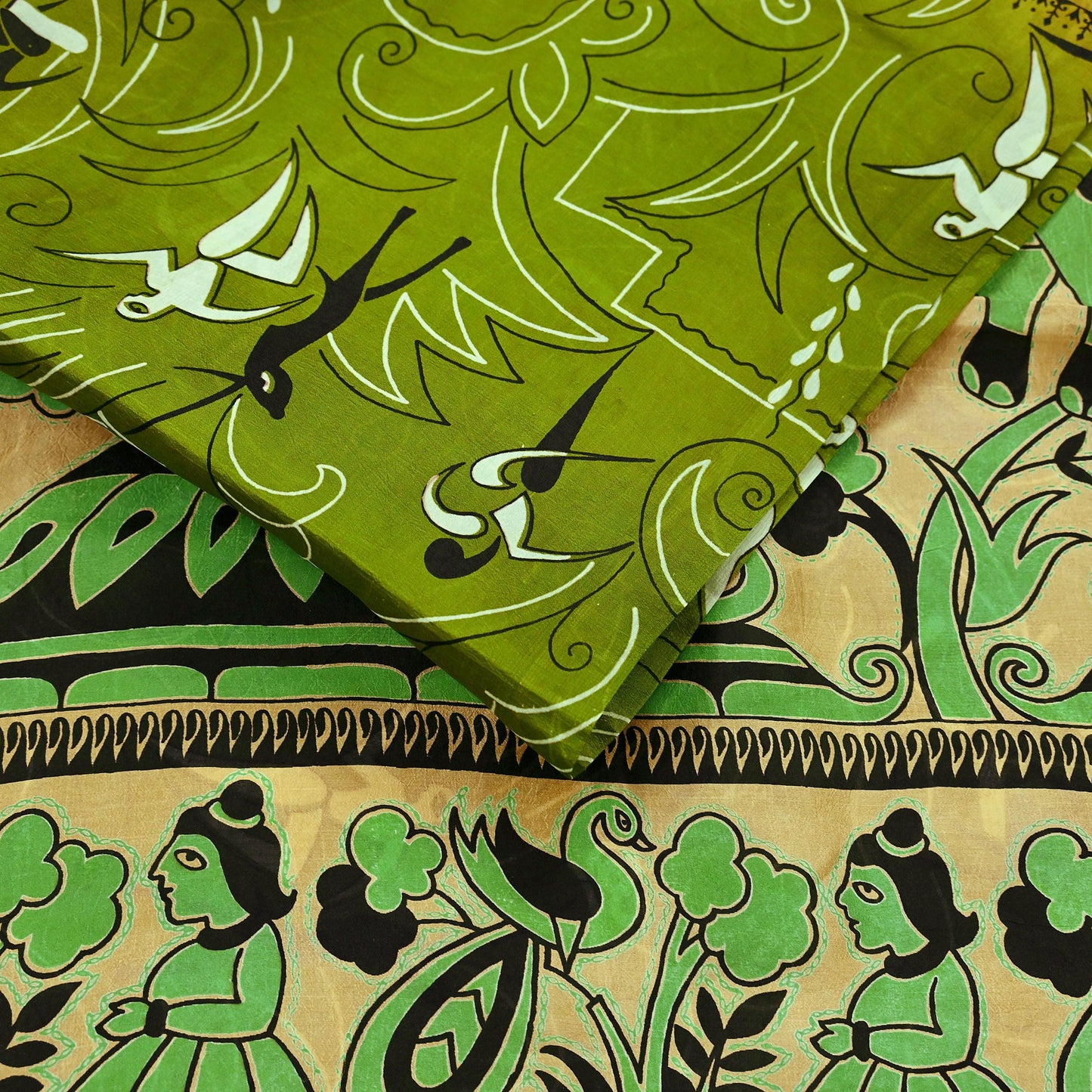 Indian Vintage Sari Beige & green Pure Silk Warli Printed Saree Craft Fabric 5Yd Dress making Sewing Dress making For Crafting Quilting