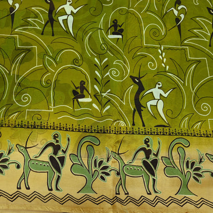 Indian Vintage Sari Beige & green Pure Silk Warli Printed Saree Craft Fabric 5Yd Dress making Sewing Dress making For Crafting Quilting
