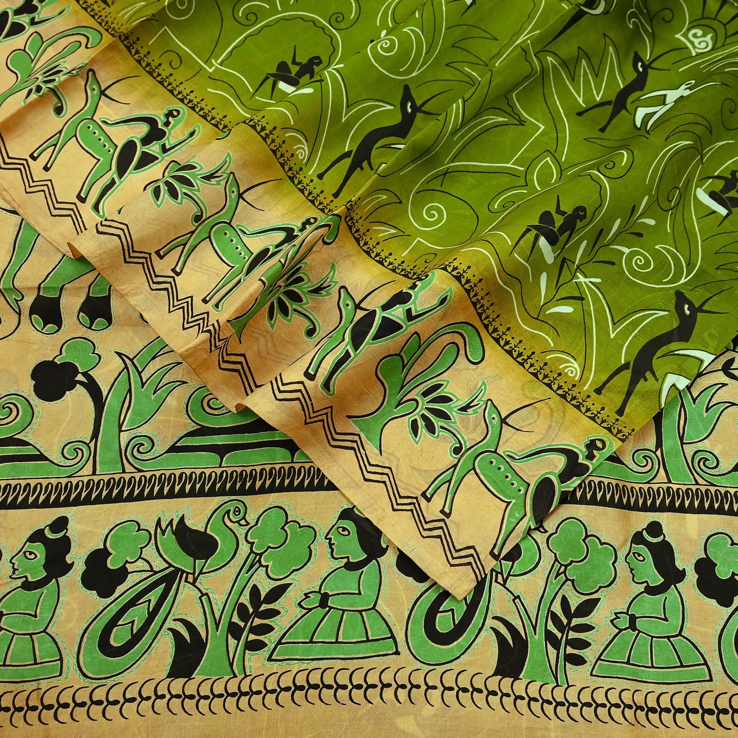 Indian Vintage Sari Beige & green Pure Silk Warli Printed Saree Craft Fabric 5Yd Dress making Sewing Dress making For Crafting Quilting
