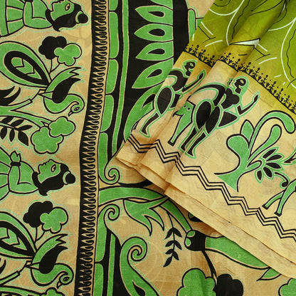 Indian Vintage Sari Beige & green Pure Silk Warli Printed Saree Craft Fabric 5Yd Dress making Sewing Dress making For Crafting Quilting