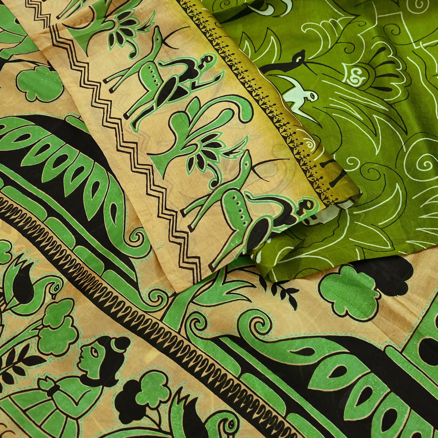 Indian Vintage Sari Beige & green Pure Silk Warli Printed Saree Craft Fabric 5Yd Dress making Sewing Dress making For Crafting Quilting