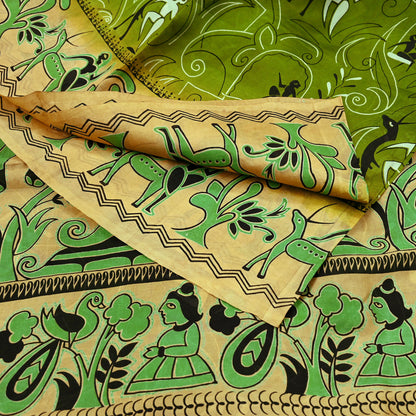 Indian Vintage Sari Beige & green Pure Silk Warli Printed Saree Craft Fabric 5Yd Dress making Sewing Dress making For Crafting Quilting