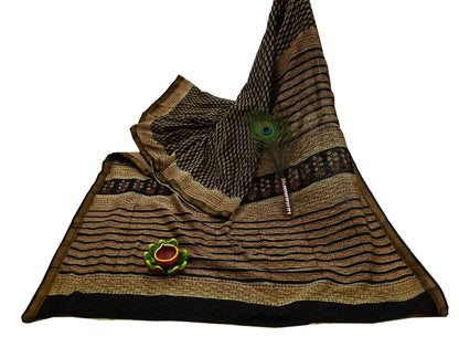 Indian Vintage Sari Beige & Black Pure chanderi Silk Bagru Printed Sarees Craft Fabric 5Yd Floral Soft Zari Border Ethnic Dress making
