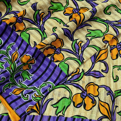 Indian Vintage Sari Beige & Purple Pure Cotton Printed Sarees Craft Fabric Soft 5Yd Sarong Wrap Boho Fabric Kimono Quilting Crafting Upcycle