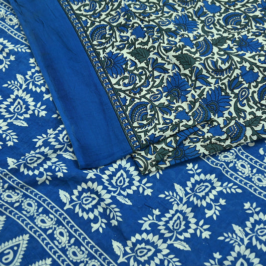Indian Vintage Sari Ivory & Blue Printed Pure Cotton Sarees 5Yd Craft Fabric Sewing Sarong Wrap Boho Upcycle quilting Dress making