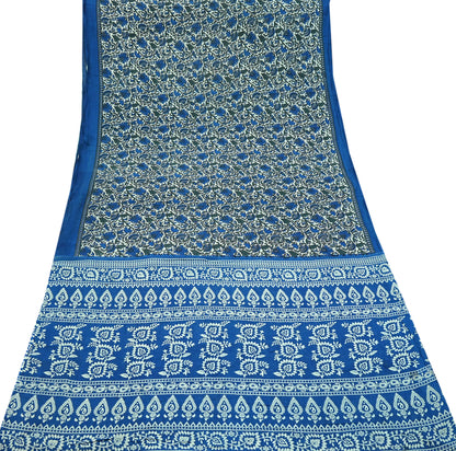 Indian Vintage Sari Ivory & Blue Printed Pure Cotton Sarees 5Yd Craft Fabric Sewing Sarong Wrap Boho Upcycle quilting Dress making