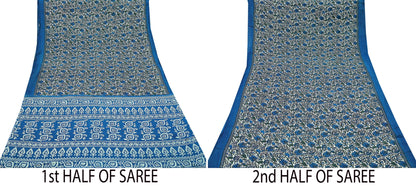 Indian Vintage Sari Ivory & Blue Printed Pure Cotton Sarees 5Yd Craft Fabric Sewing Sarong Wrap Boho Upcycle quilting Dress making