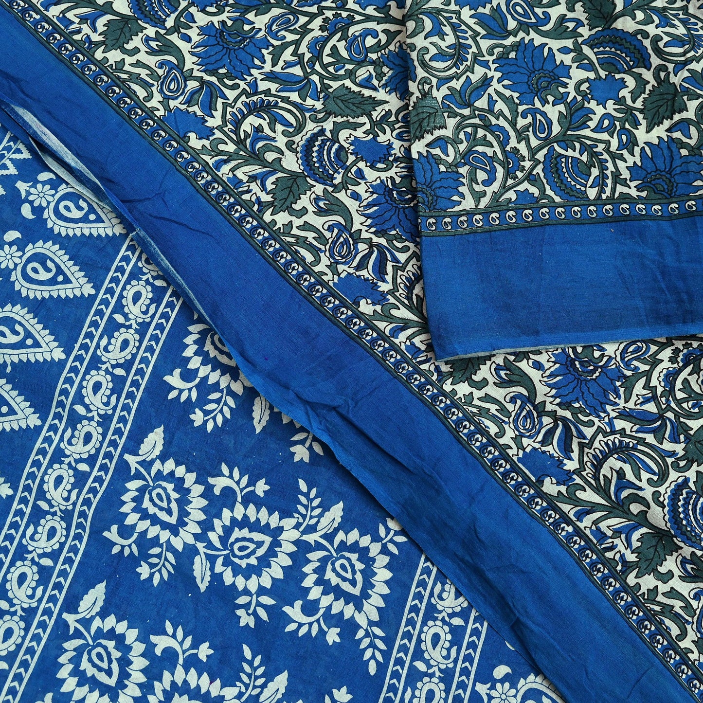 Indian Vintage Sari Ivory & Blue Printed Pure Cotton Sarees 5Yd Craft Fabric Sewing Sarong Wrap Boho Upcycle quilting Dress making