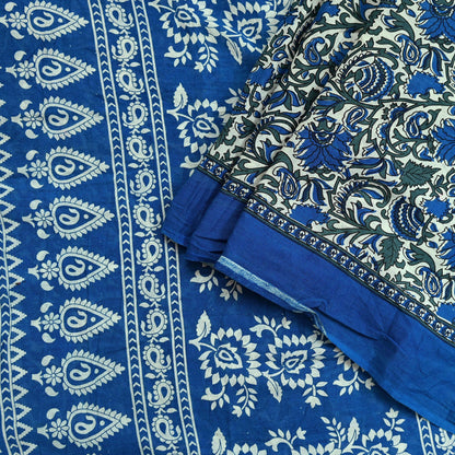 Indian Vintage Sari Ivory & Blue Printed Pure Cotton Sarees 5Yd Craft Fabric Sewing Sarong Wrap Boho Upcycle quilting Dress making