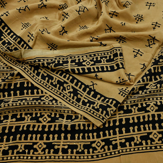 Indian Vintage Sari Pure Crepe Silk Mukesh Work Printed Saree 5yd Sewing Soft Craft Fabric Ethnic Dress making For Crafting Quilting