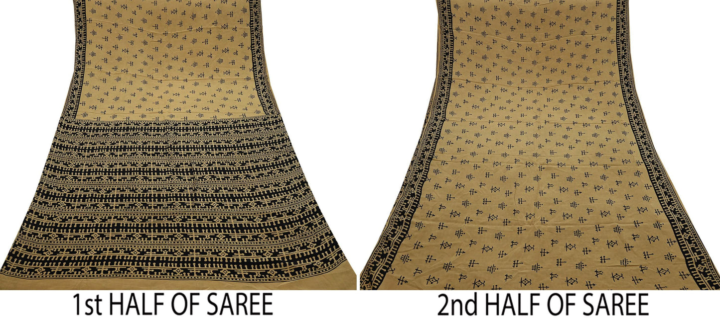 Indian Vintage Sari Pure Crepe Silk Mukesh Work Printed Saree 5yd Sewing Soft Craft Fabric Ethnic Dress making For Crafting Quilting