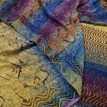 Indian Vintage Sari Multi Pure Crepe Silk Hand Embroidered Sarees 6yd Sewing Floral Craft Sequins Dress making Crafting Quilting