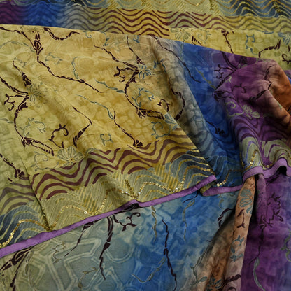 Indian Vintage Sari Multi Pure Crepe Silk Hand Embroidered Sarees 6yd Sewing Floral Craft Sequins Dress making Crafting Quilting
